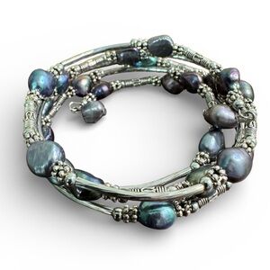 Freshwater Baroque Pearl Coil Wrap Bracelet Black Peacock Oil Slick Silver Tone